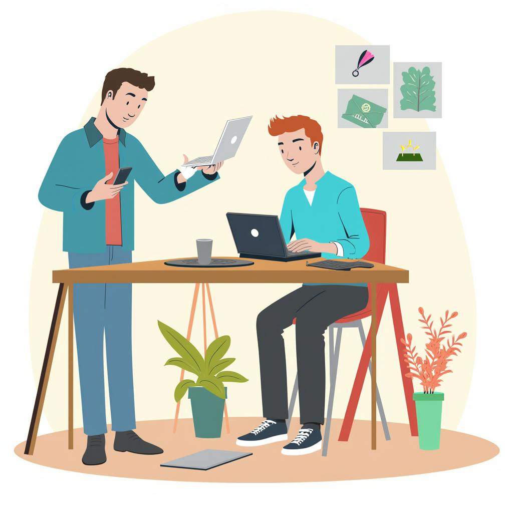 Two young designers collaborating on laptops in a bright studio setting, symbolizing teamwork and affordable branding services for growing businesses.