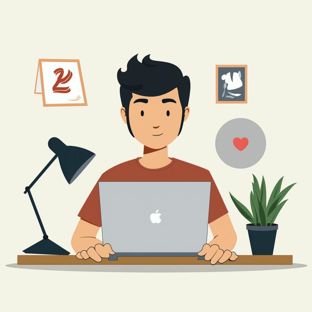 Cartoon-style image of a freelancer working on branding tasks at a minimalist desk, highlighting focus and dedication to affordable branding services."