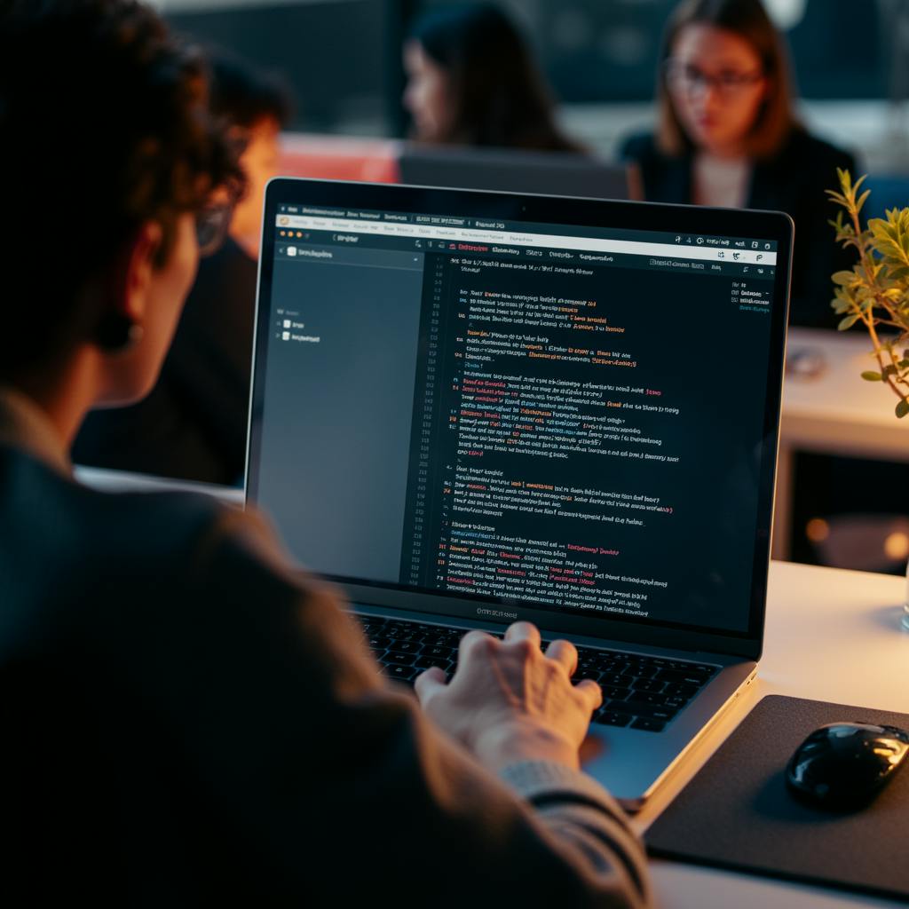Individual using AI proofreading tools to review written code and text content on a laptop screen in a collaborative office environment.