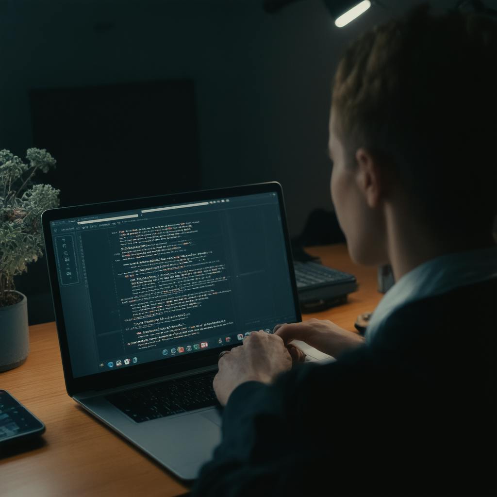 A person using AI proofreading software on a laptop in a dimly lit room, checking programming syntax and correcting grammar suggestions automatically.