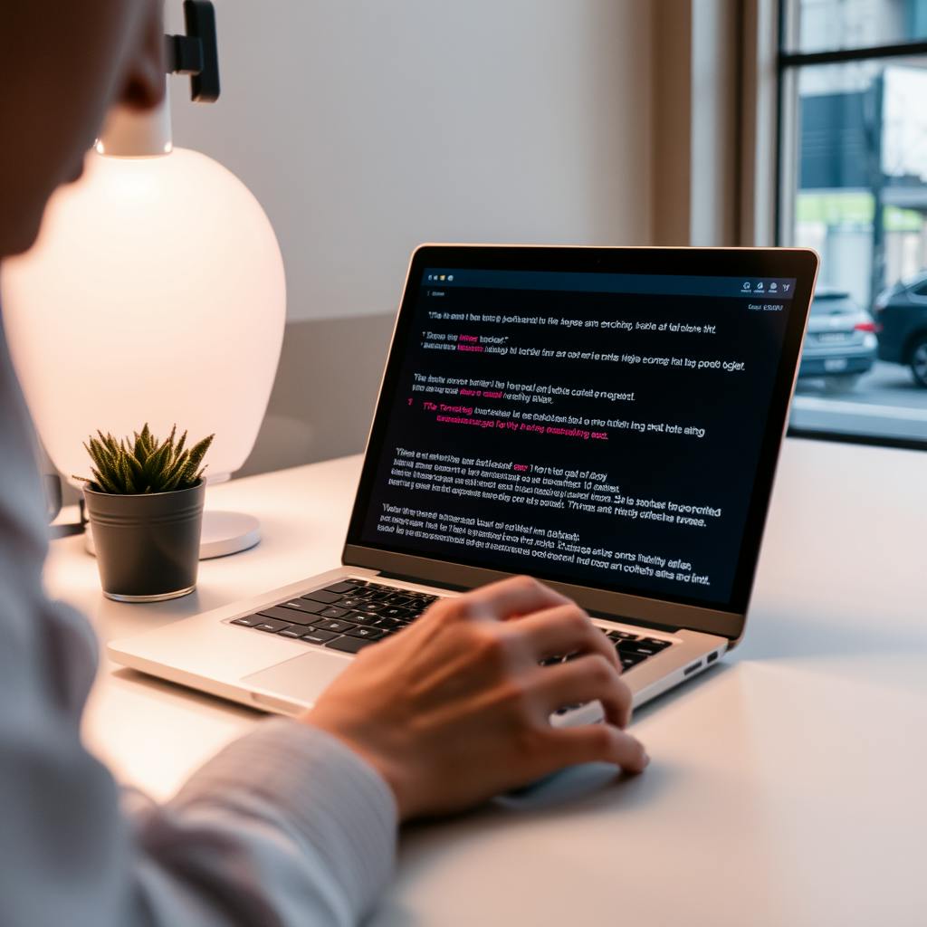 A user utilizing AI proofreading technology to detect and highlight errors in a text document on a laptop at a clean, well-lit workspace.