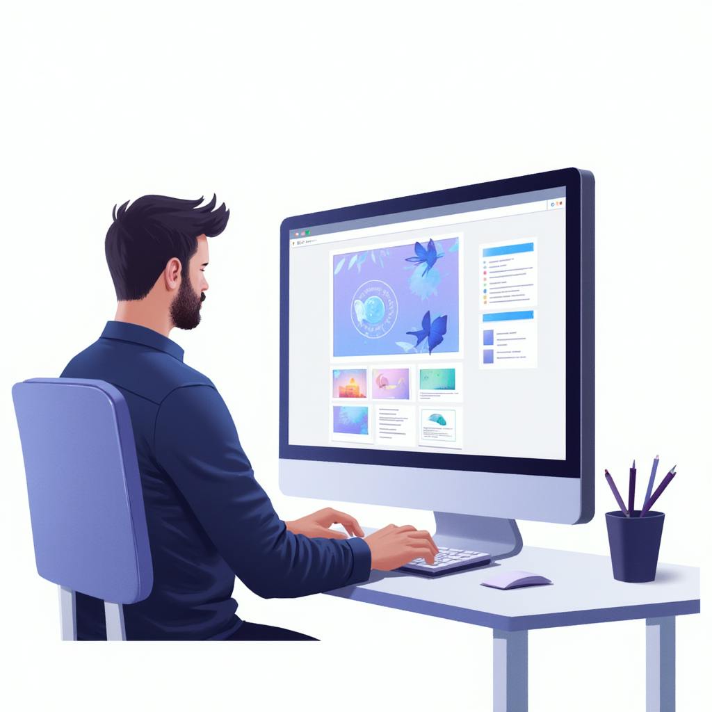 A bearded man in a navy shirt works on a desktop computer showing a vibrant design with butterflies and pastel-colored elements. The screen appears to be part of a creative animation site web, emphasizing visual storytelling.
