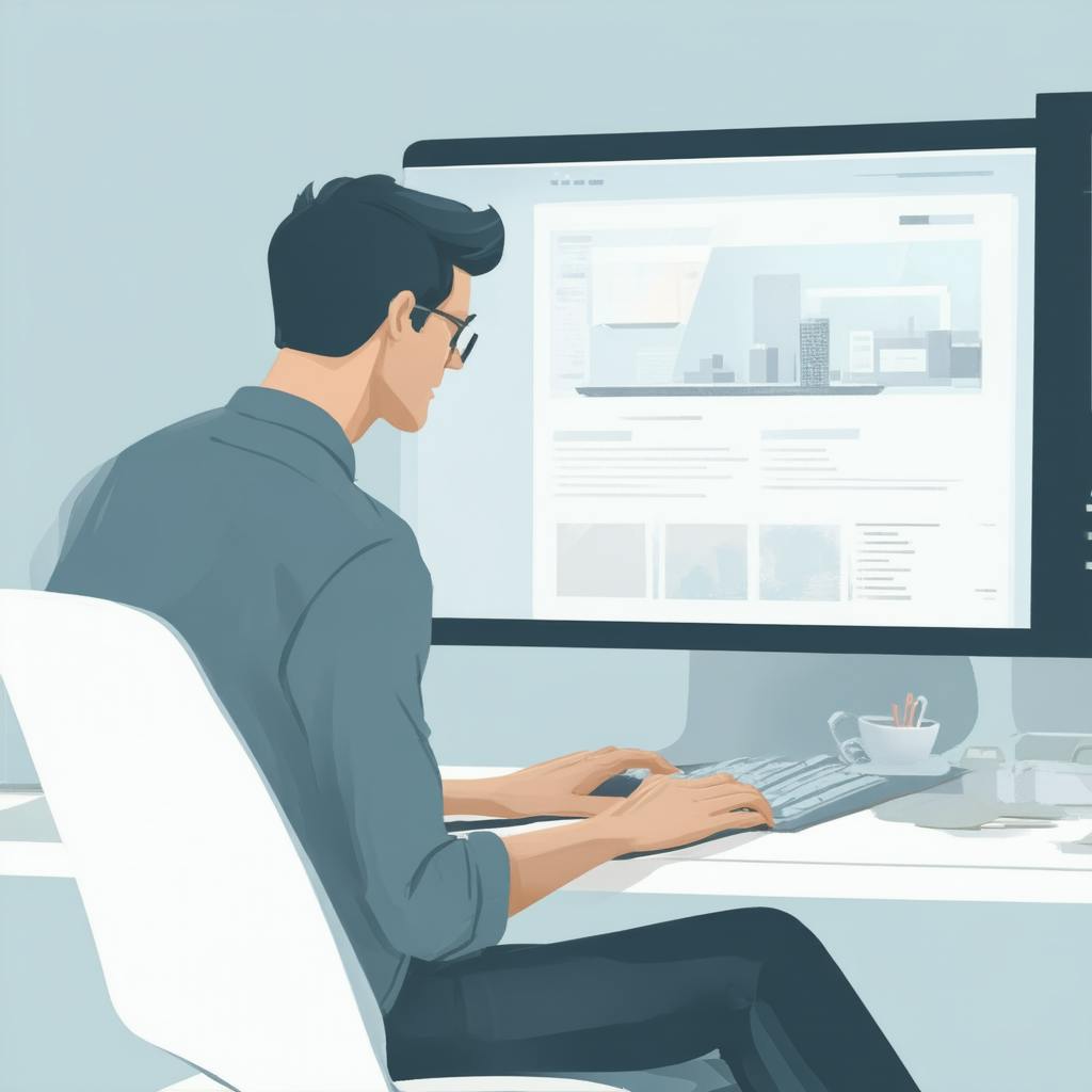 A professional man in a dark teal shirt types on a keyboard at a white desk while viewing a modern, minimalistic interface on a large screen. The interface appears to be part of an animation site web in development or analysis.