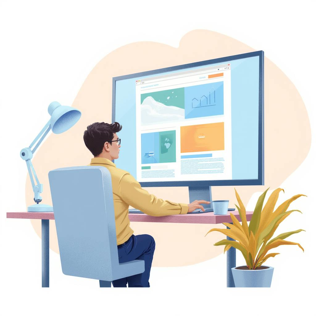 A man wearing glasses and a yellow shirt sits at a desk with a blue chair, looking at a large computer monitor displaying a colorful interface with multiple sections and charts. A desk lamp and a potted plant are beside him. The scene represents someone designing or browsing an animation site web.