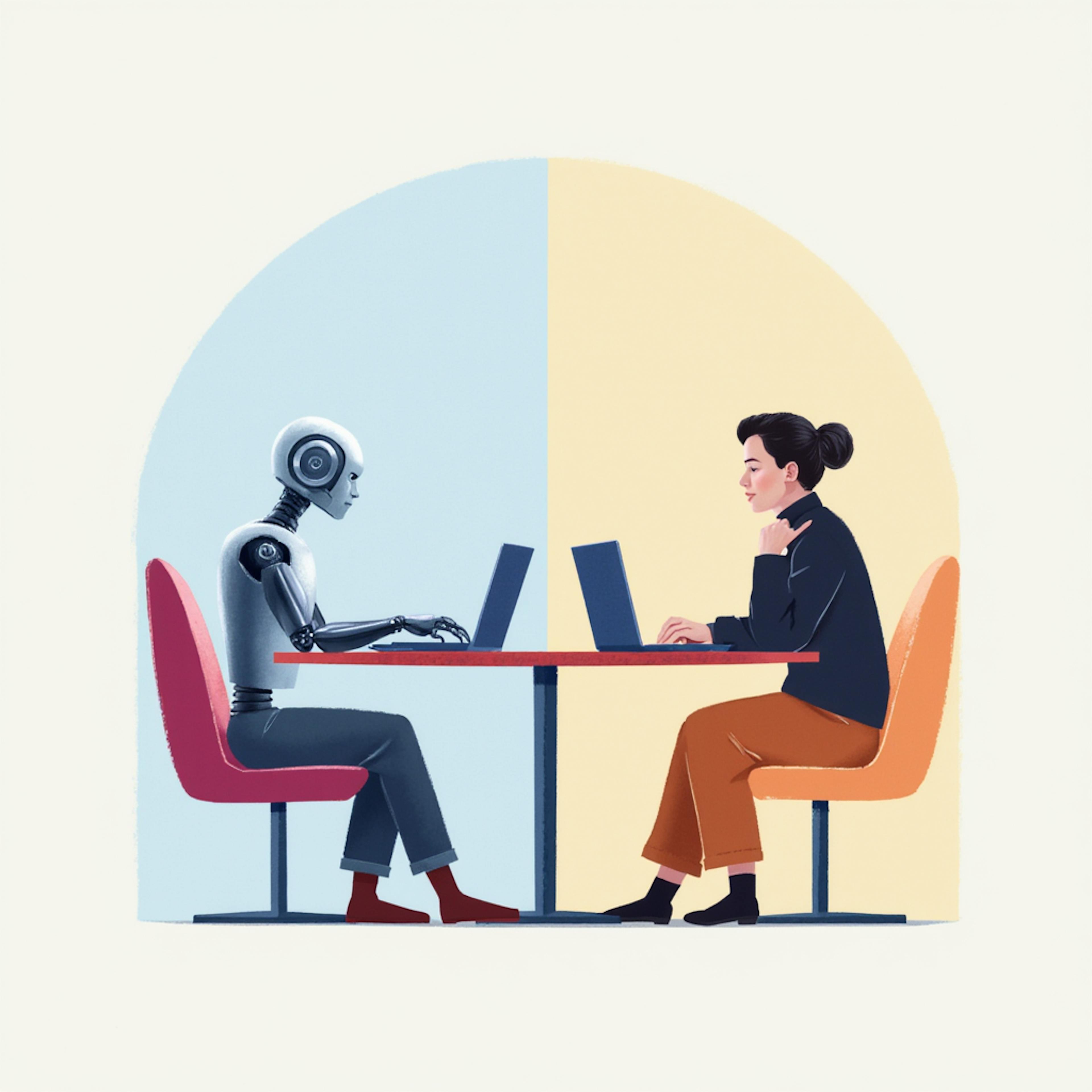 A robot and a woman face each other at a round table, both using laptops. The divided background visually reinforces the theme of AI writing vs human writing.