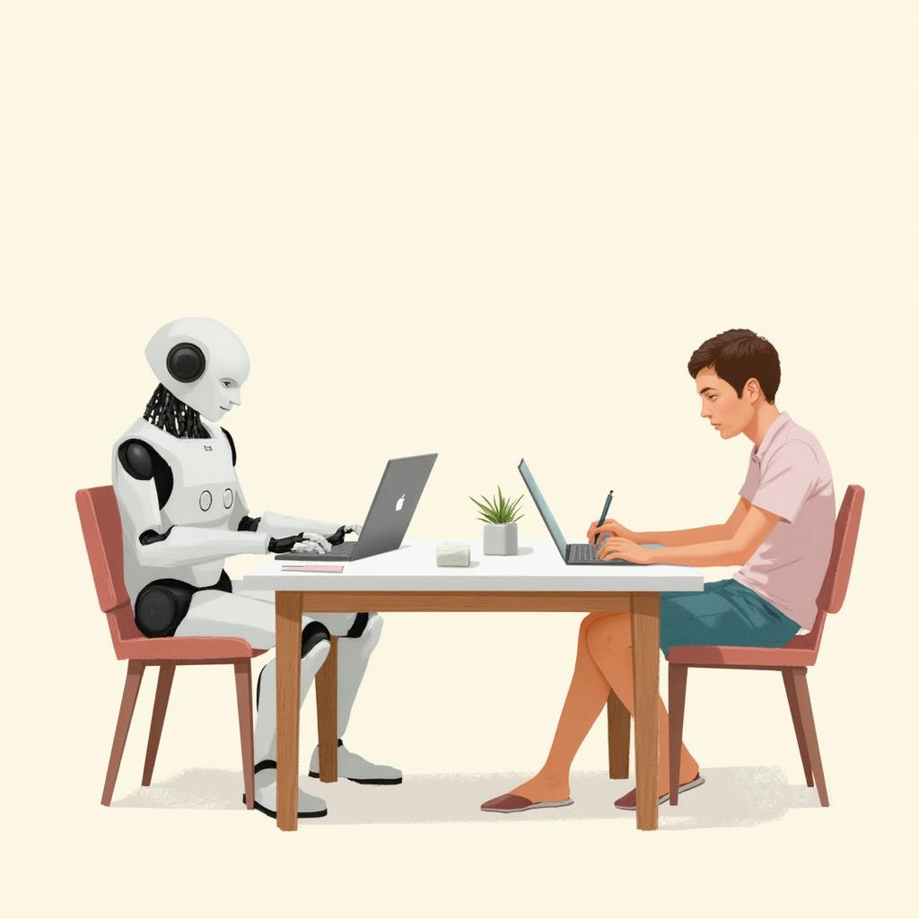 Split-screen illustration showing a robot typing on a laptop on the left and a human man typing on a laptop on the right, symbolizing AI writing vs human writing.