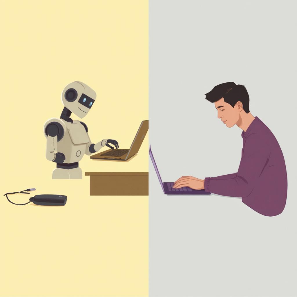 A humanoid robot and a young man sit across from each other at a table, both working on laptops. This scene represents the contrast in AI writing vs human writing.