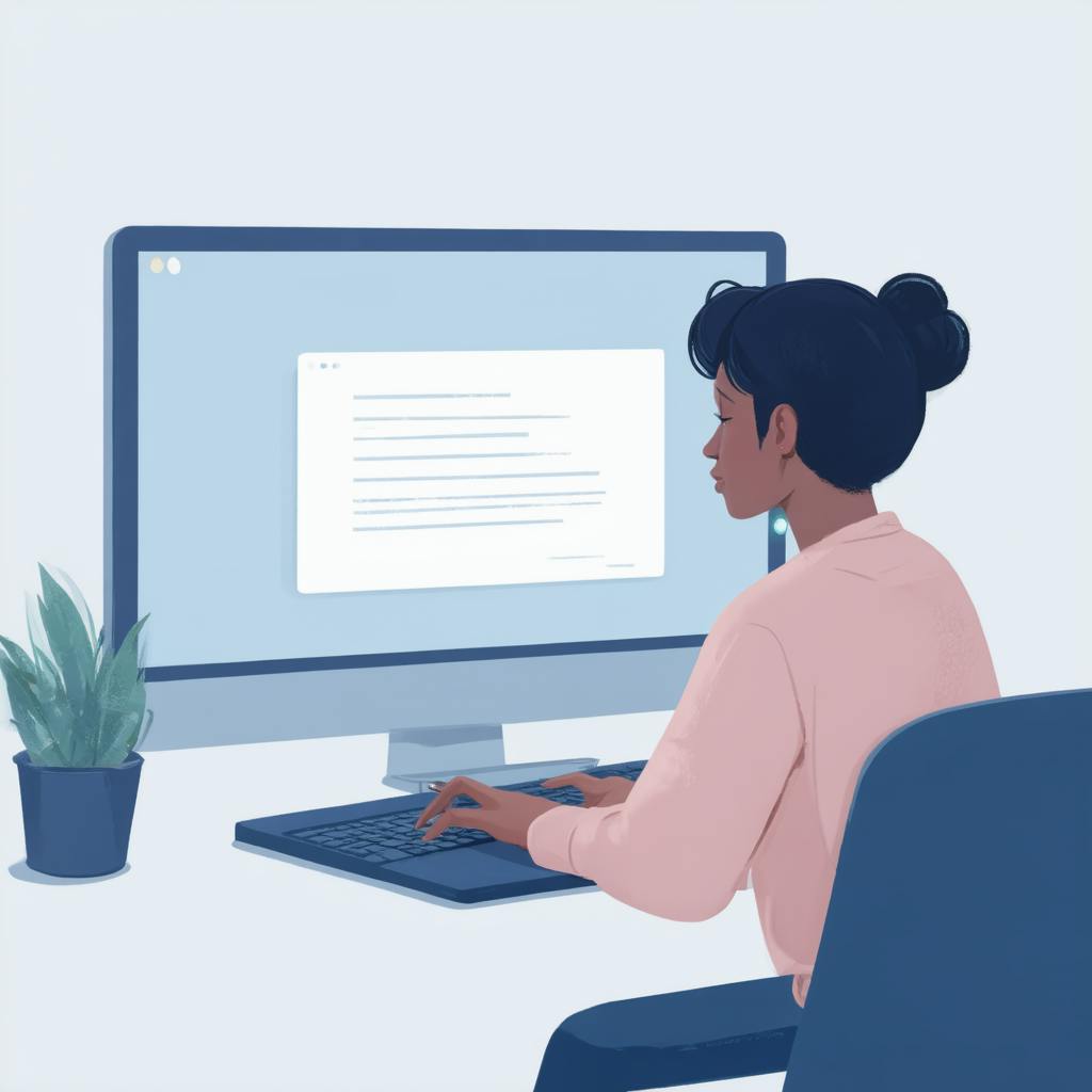 Illustration of a woman typing on a desktop computer, symbolizing focused content creation with AI speech writing tools in a modern workspace.