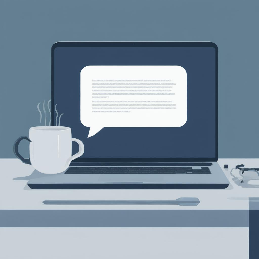 Minimalist laptop setup with a coffee mug and a speech bubble on screen, representing productivity and creativity using AI speech writing software.
