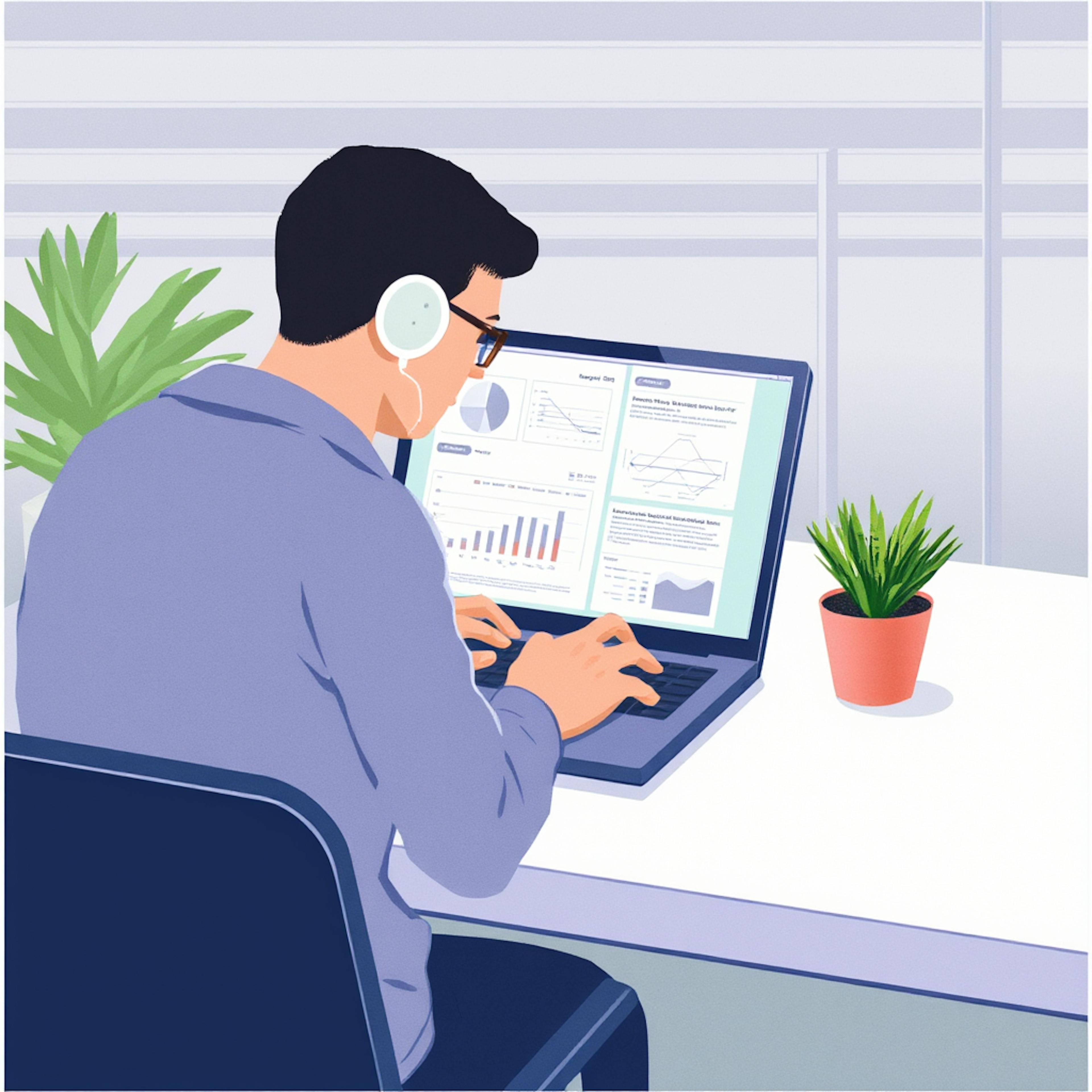 Man wearing headphones working on AI proposal writing with graphs and templates displayed on his laptop, illustrating data-driven document creation.
