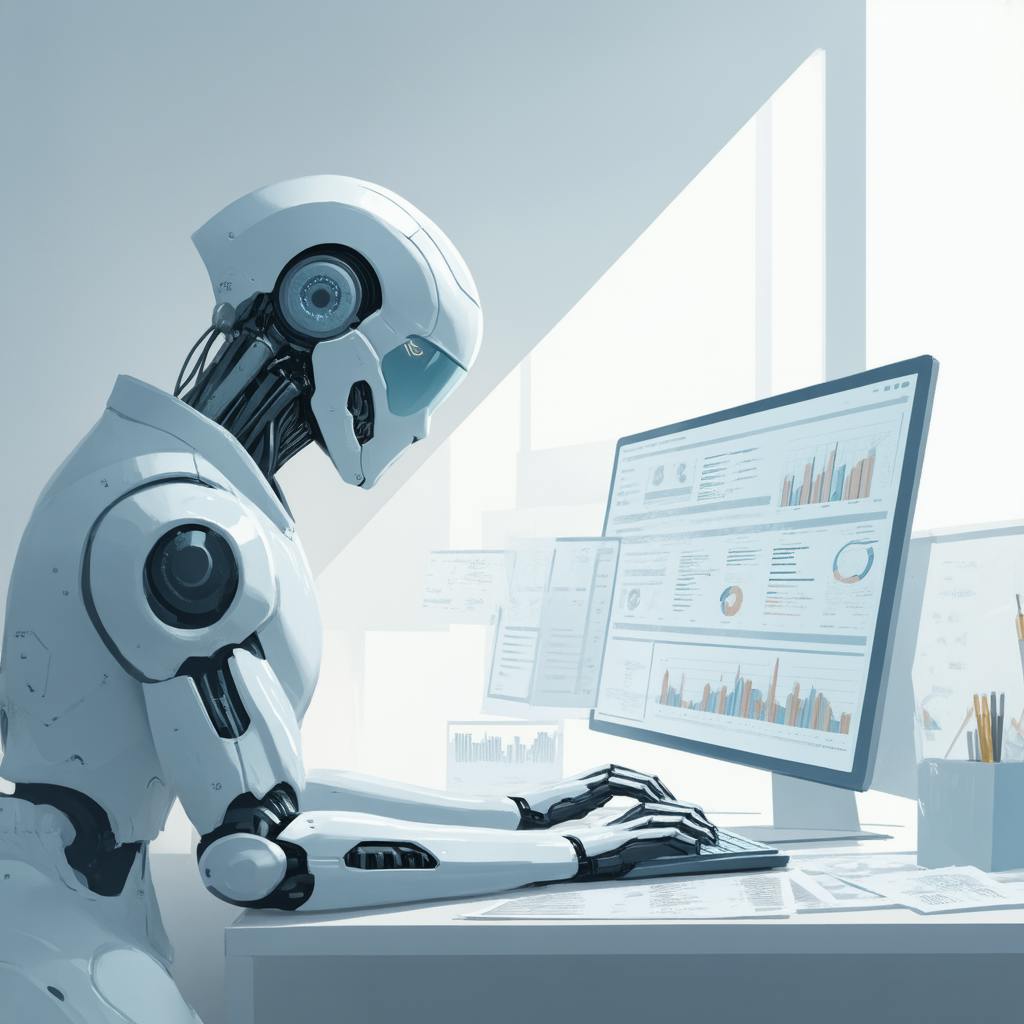 Futuristic robot engaged in AI proposal writing at a workstation, analyzing business metrics and drafting content using advanced artificial intelligence.