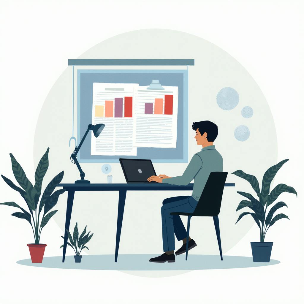 Professional seated at a desk using AI proposal writing tools to generate a business document, surrounded by plants and a projection of visual data charts.