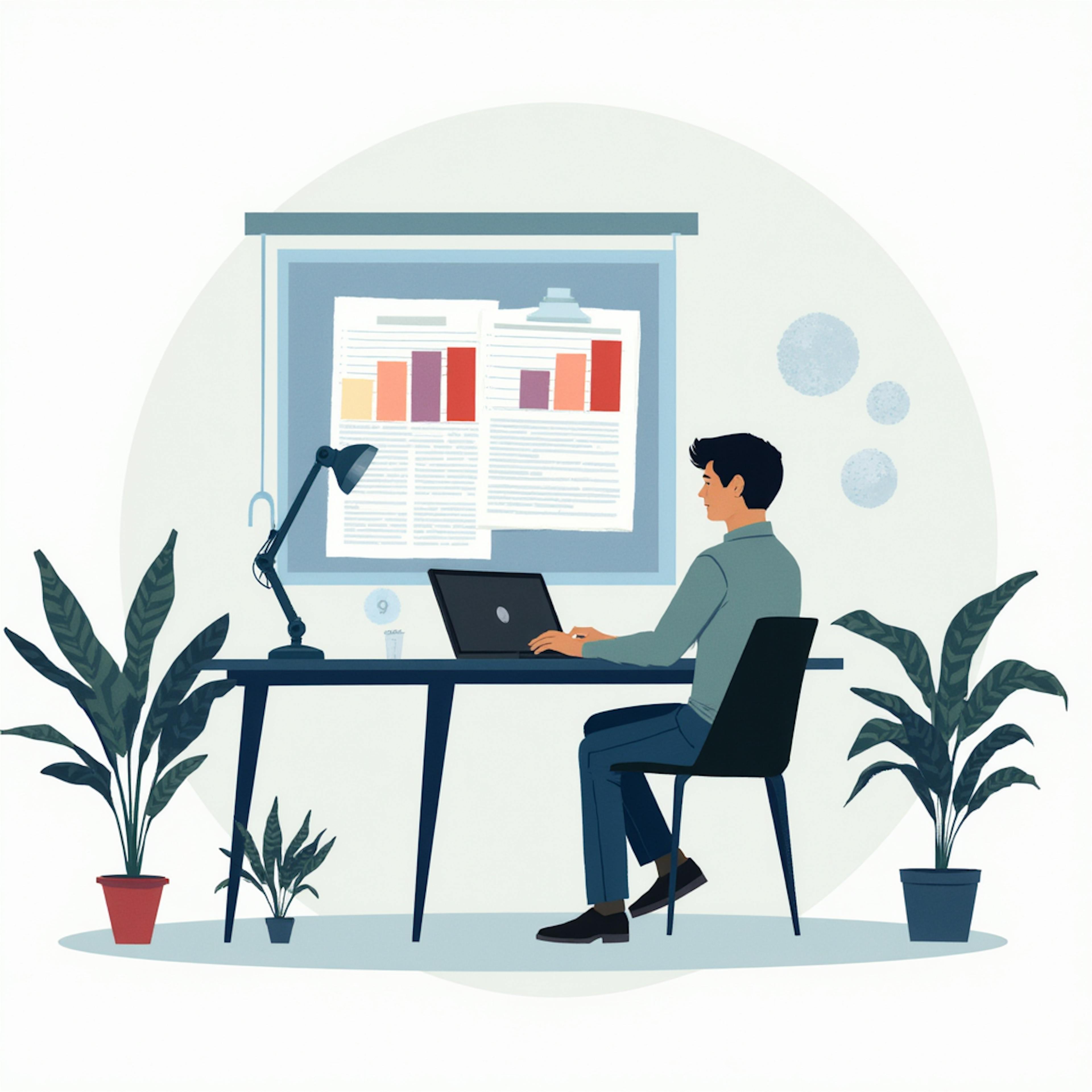 Professional seated at a desk using AI proposal writing tools to generate a business document, surrounded by plants and a projection of visual data charts.