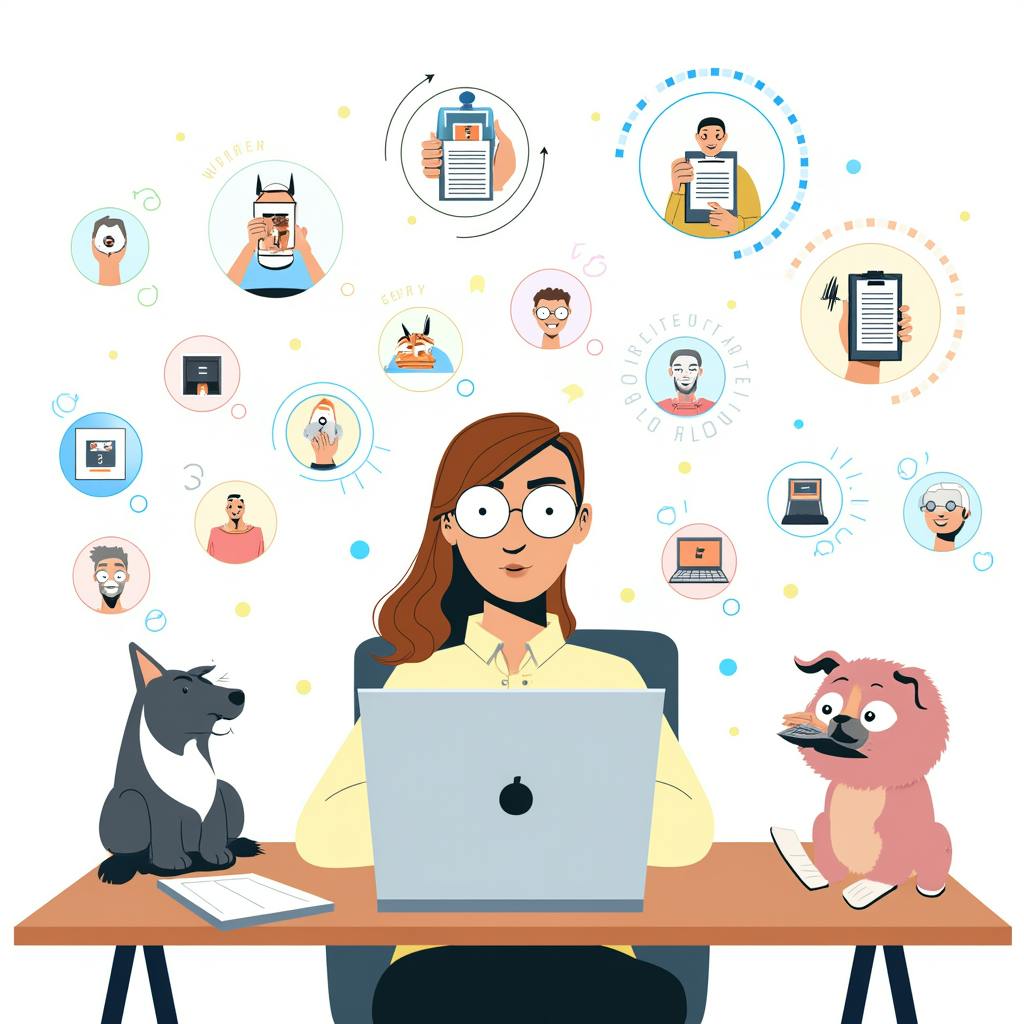 A cartoon writer sits at a desk with pets and laptop, surrounded by imaginative icons, symbolizing how AI prompts for writers enhance storytelling and productivity.