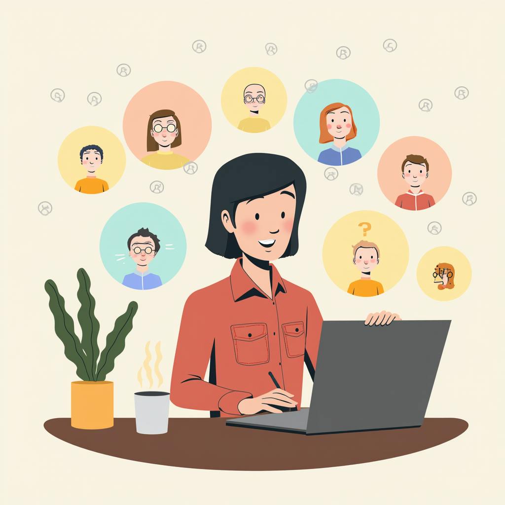 A cheerful woman working on her laptop, engaging with a digital network of faces and ideas—showcasing how AI prompts for writers can spark fresh connections and creativity.