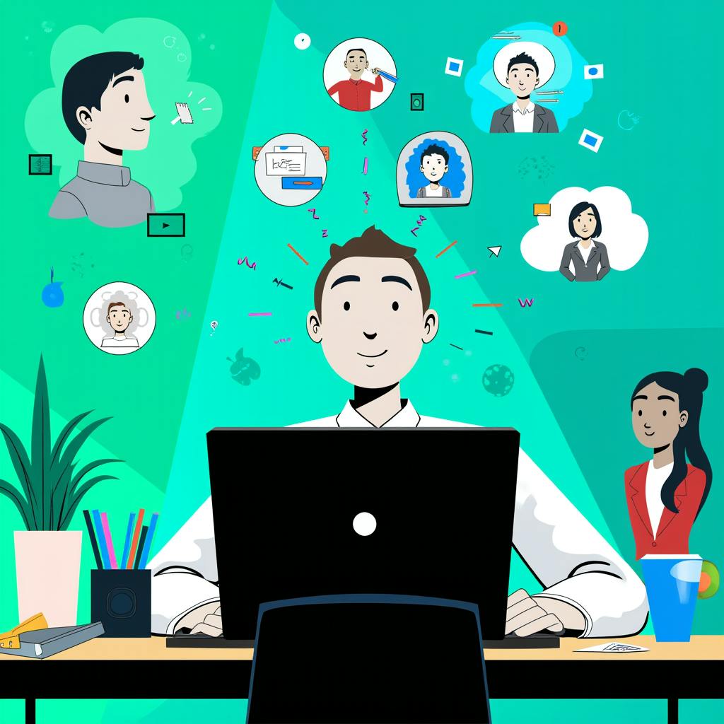 An animated writer at a laptop surrounded by floating icons of creative ideas and collaborators, representing the power of AI prompts for writers to inspire content.