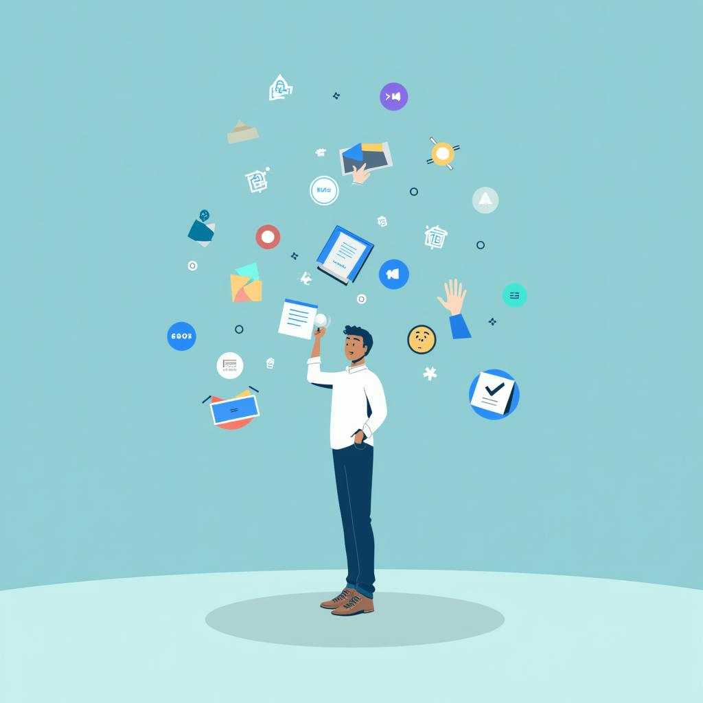 A man stands holding a lightbulb, surrounded by floating icons like books, checklists, and media symbols, illustrating the versatility of AI prompt examples.