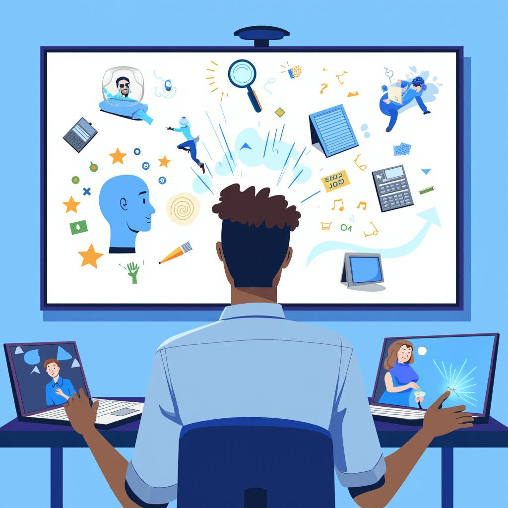 A person sits in front of a large screen filled with bursting icons and visuals, representing creative brainstorming powered by diverse AI prompt examples.