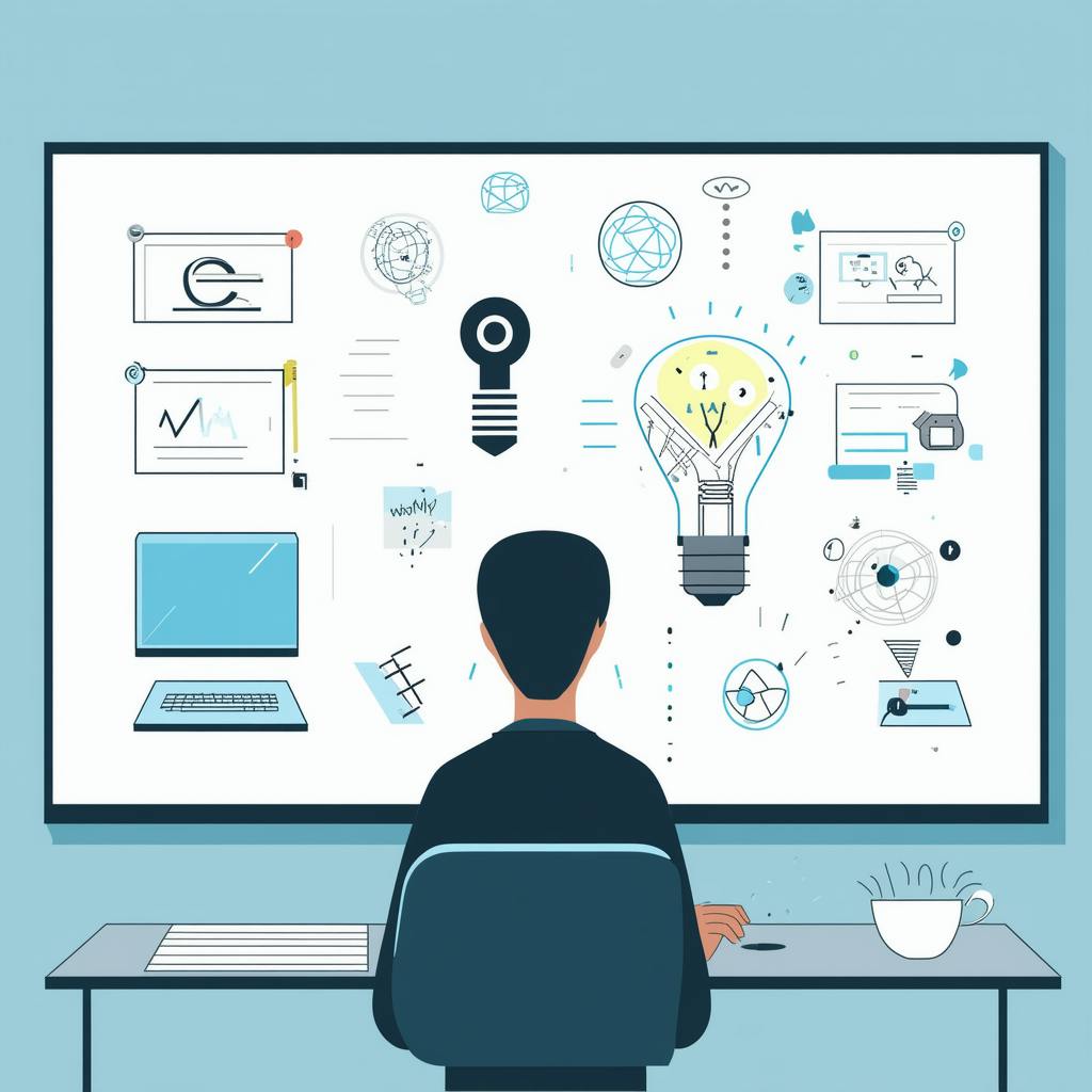 A user studies a whiteboard filled with charts, symbols, and a glowing lightbulb, depicting innovation and strategy fueled by smart AI prompt examples.