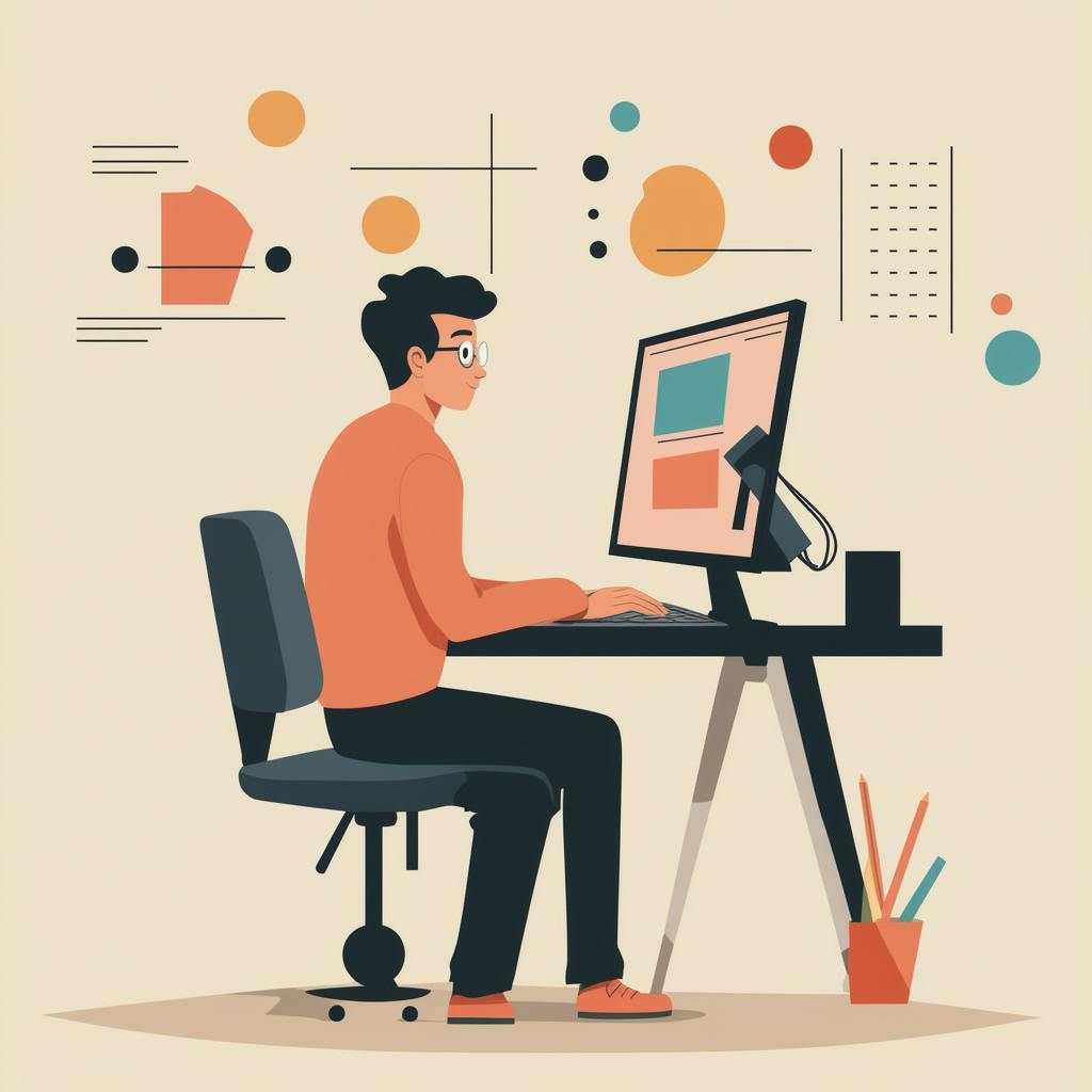 Illustration of a person working on a computer with abstract charts and colorful graphics in the background, representing application of 3D principles of design in a digital workspace.