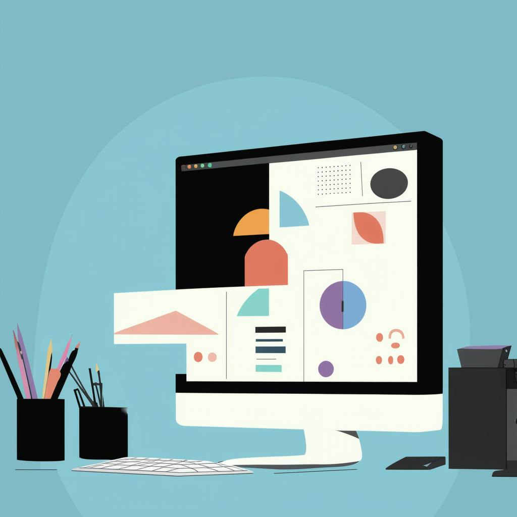Flat vector art of a desktop monitor displaying geometric layouts and diagrams, symbolizing visual experimentation with 3D principles of design in digital media.