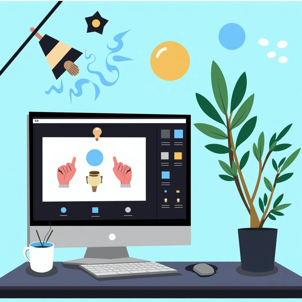 Creative workspace with a monitor showing icons and interface elements, accompanied by plants and whimsical symbols, emphasizing playful use of 3D principles of design in UI/UX settings.