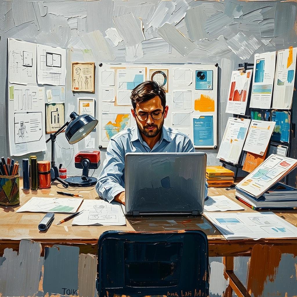 Stylized workspace showing a focused designer working on a laptop surrounded by sketches, notes, and flowcharts—highlighting analysis and ideation in the 10 steps of the design process.
