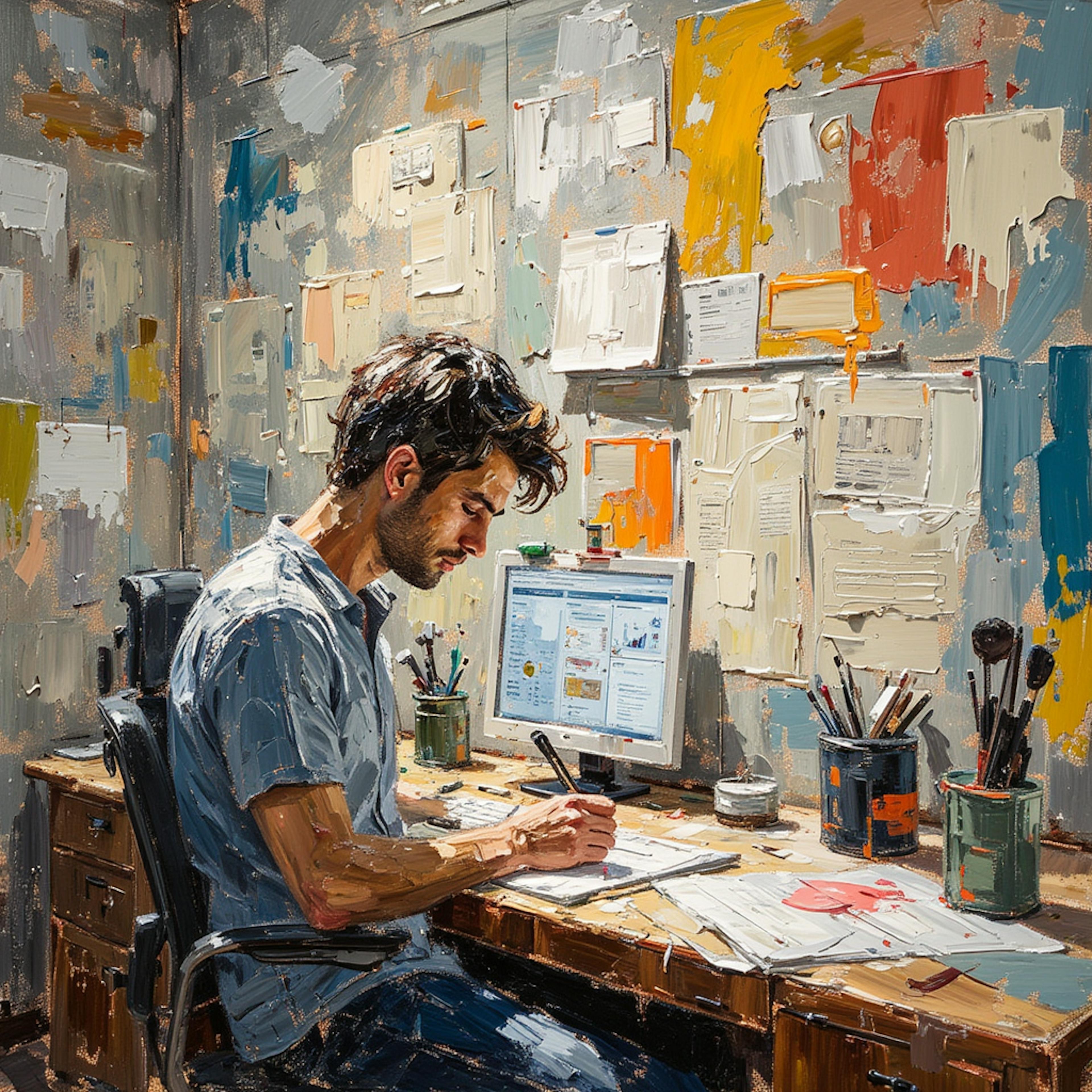 Painterly-style image of a creative professional sketching and reviewing reference materials at a cluttered desk, visually illustrating early planning in the 10 steps of the design process.