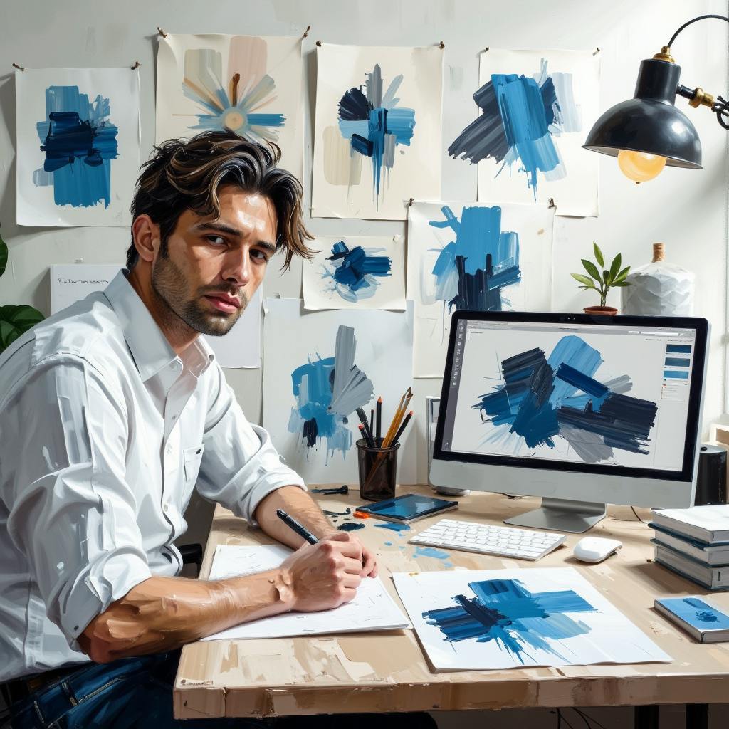 Modern art studio scene with a designer sketching blue abstract forms, representing concept development and iteration within the 10 steps of the design process.