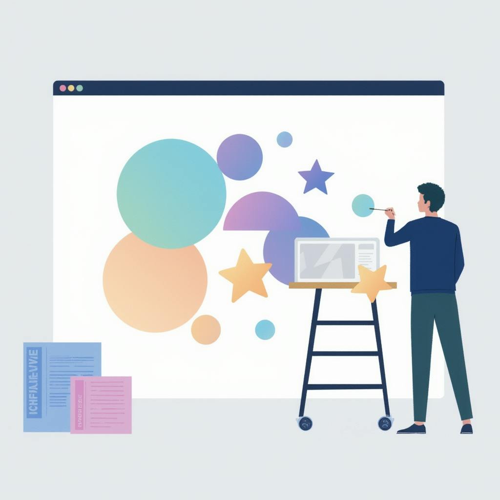 A creative professional adding dynamic shapes and stars to a web layout, emphasizing the visual impact and advantages of motion graphics in design presentations.