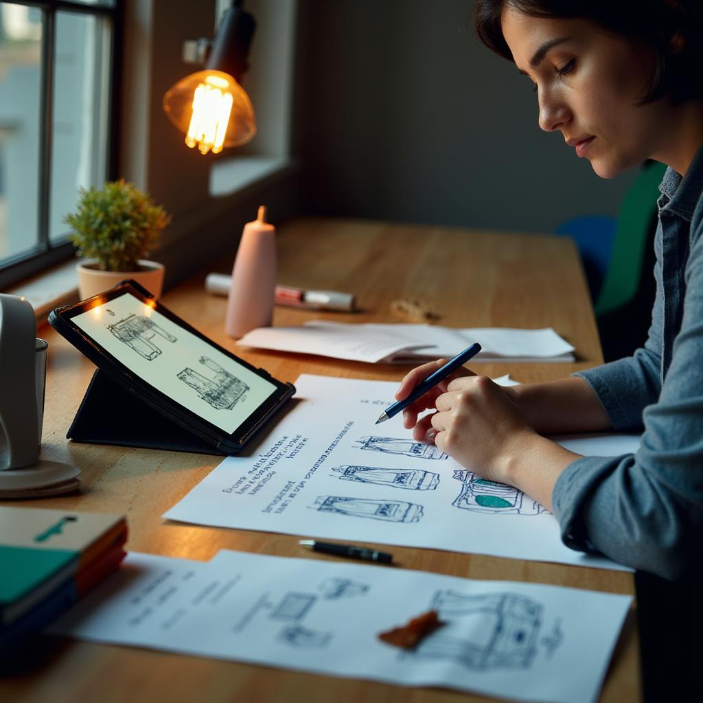 Focused female designer creating architectural sketches with a tablet and hand-drawn materials, highlighting the precision of a professional concept design service.