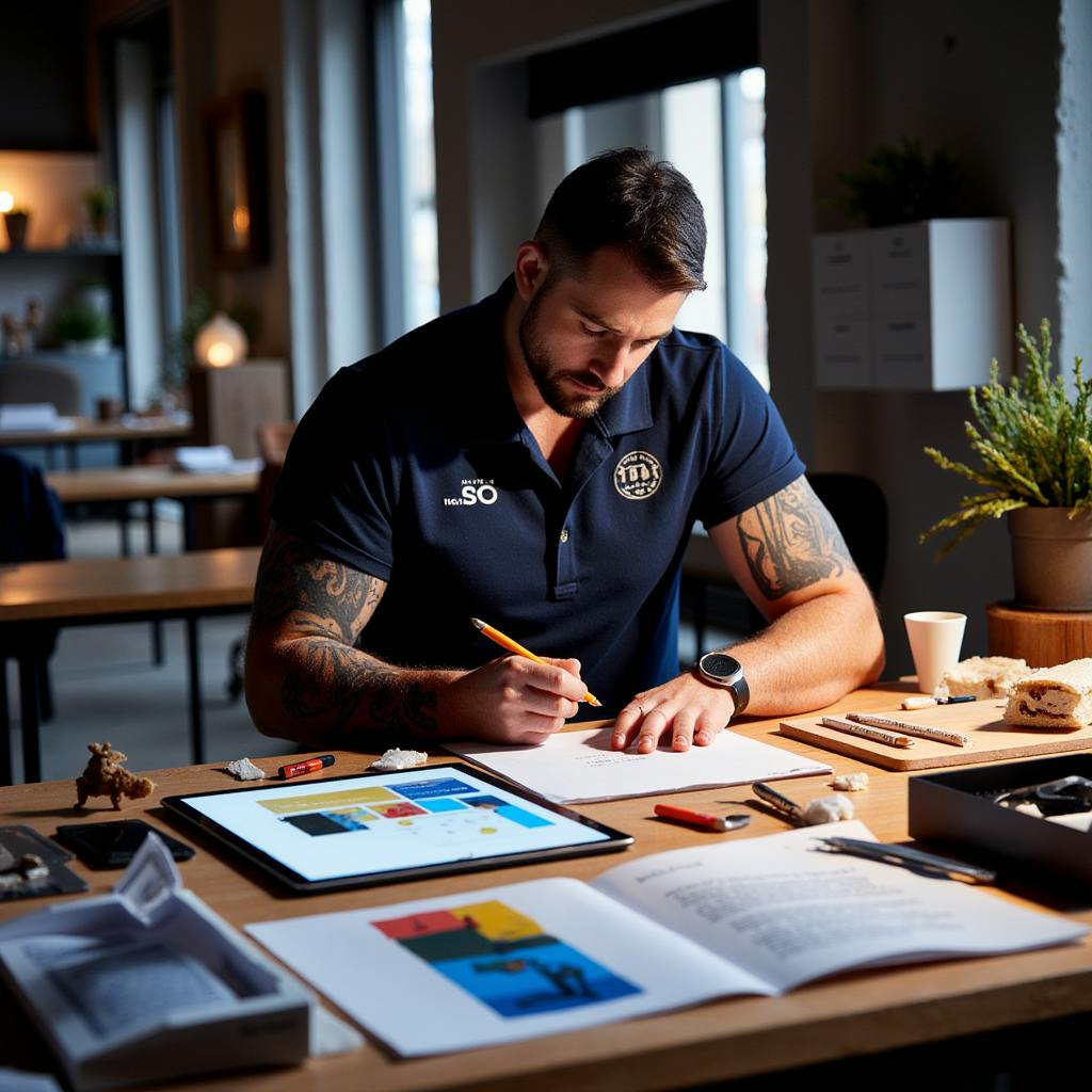 Tattooed designer sketching ideas at a creative workspace with concept sketches, a digital tablet, and printouts, representing a hands-on concept design service.