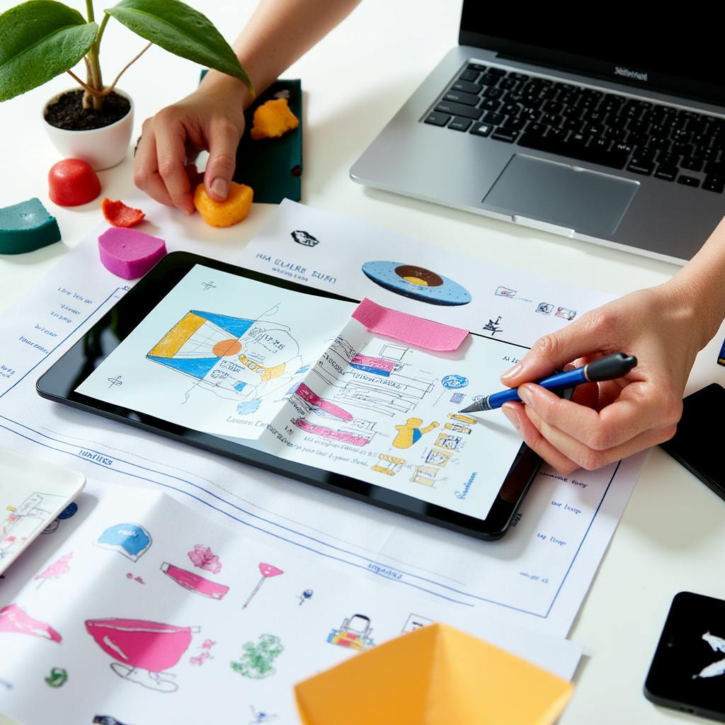 Creative workspace with colorful props and a tablet displaying illustrations, showcasing the playful and detailed workflow of a concept design service