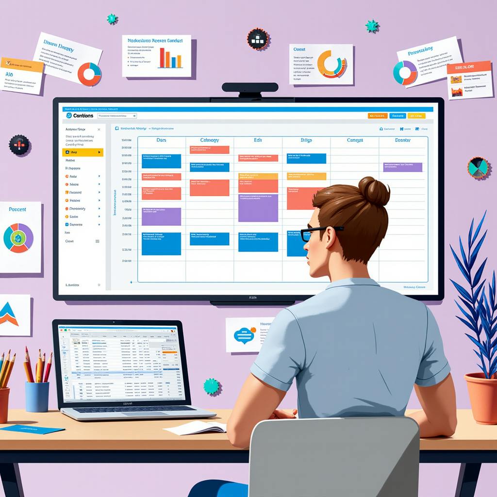 Marketer reviewing a digital content calendar and campaign performance tools on large screens, illustrating the workflow of content marketing operations.