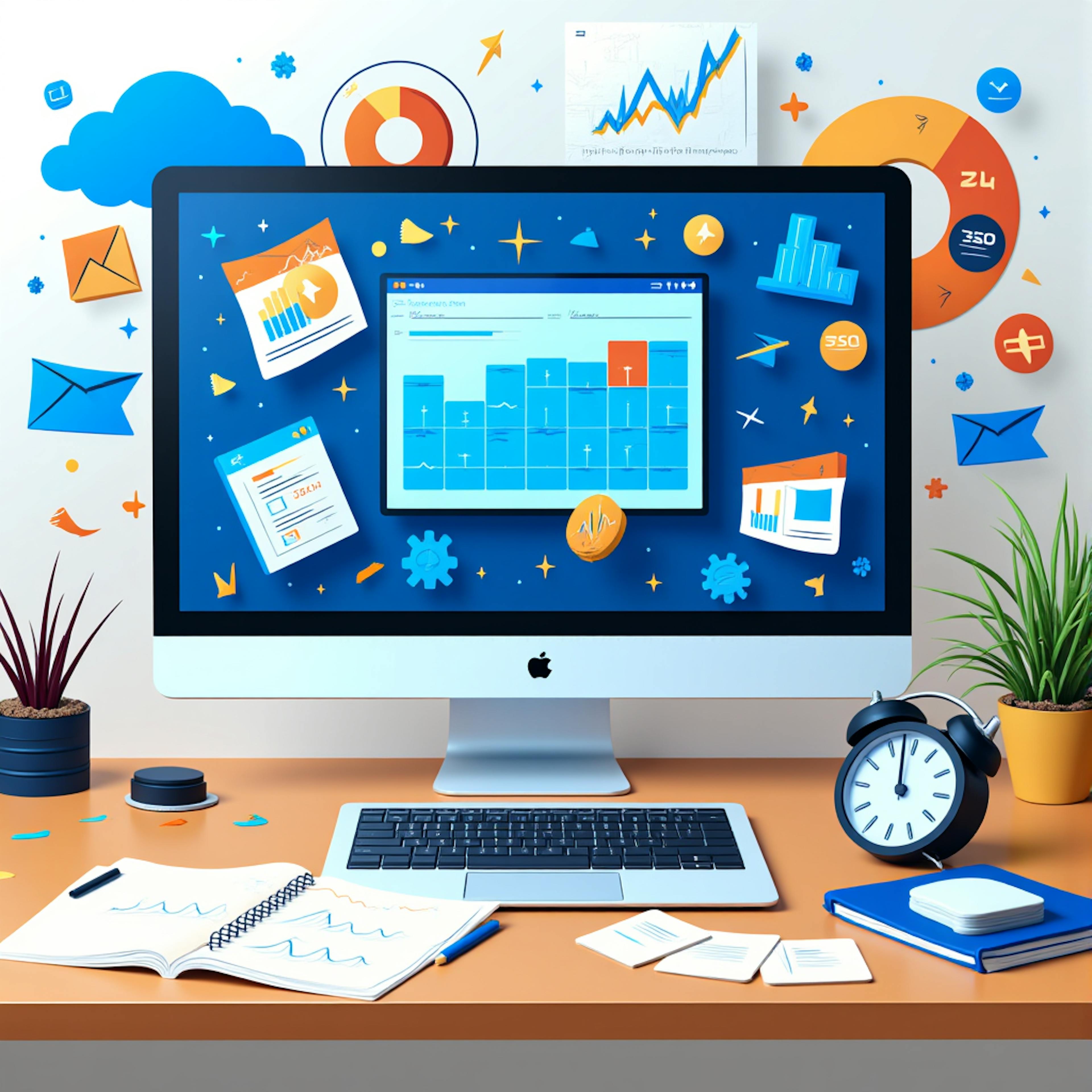 Colorful desktop workspace with an iMac displaying content calendars and performance charts, symbolizing organized content marketing operations and planning