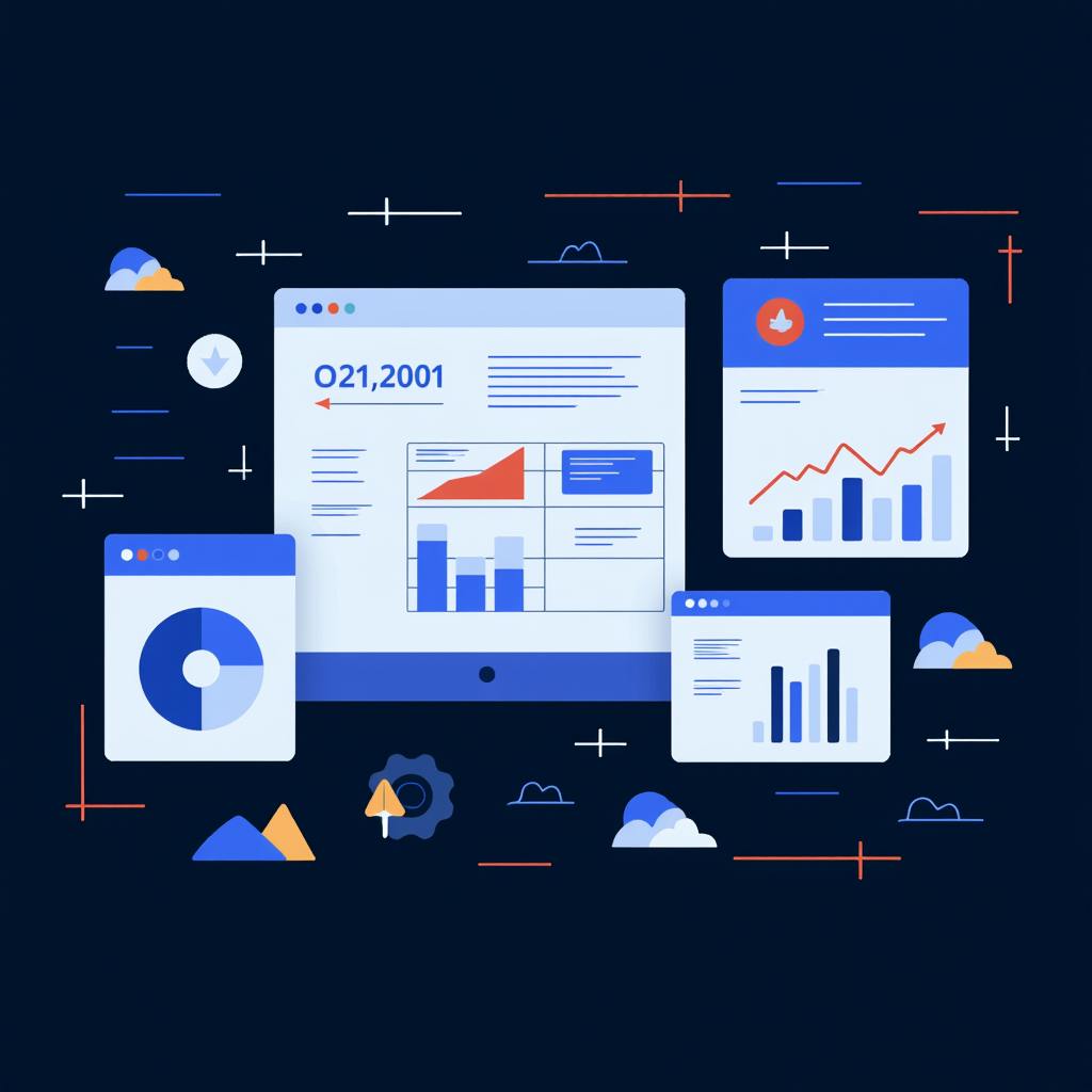 Illustration of digital dashboards and analytics charts used for tracking content marketing operations, showing key performance metrics and visual data insights.