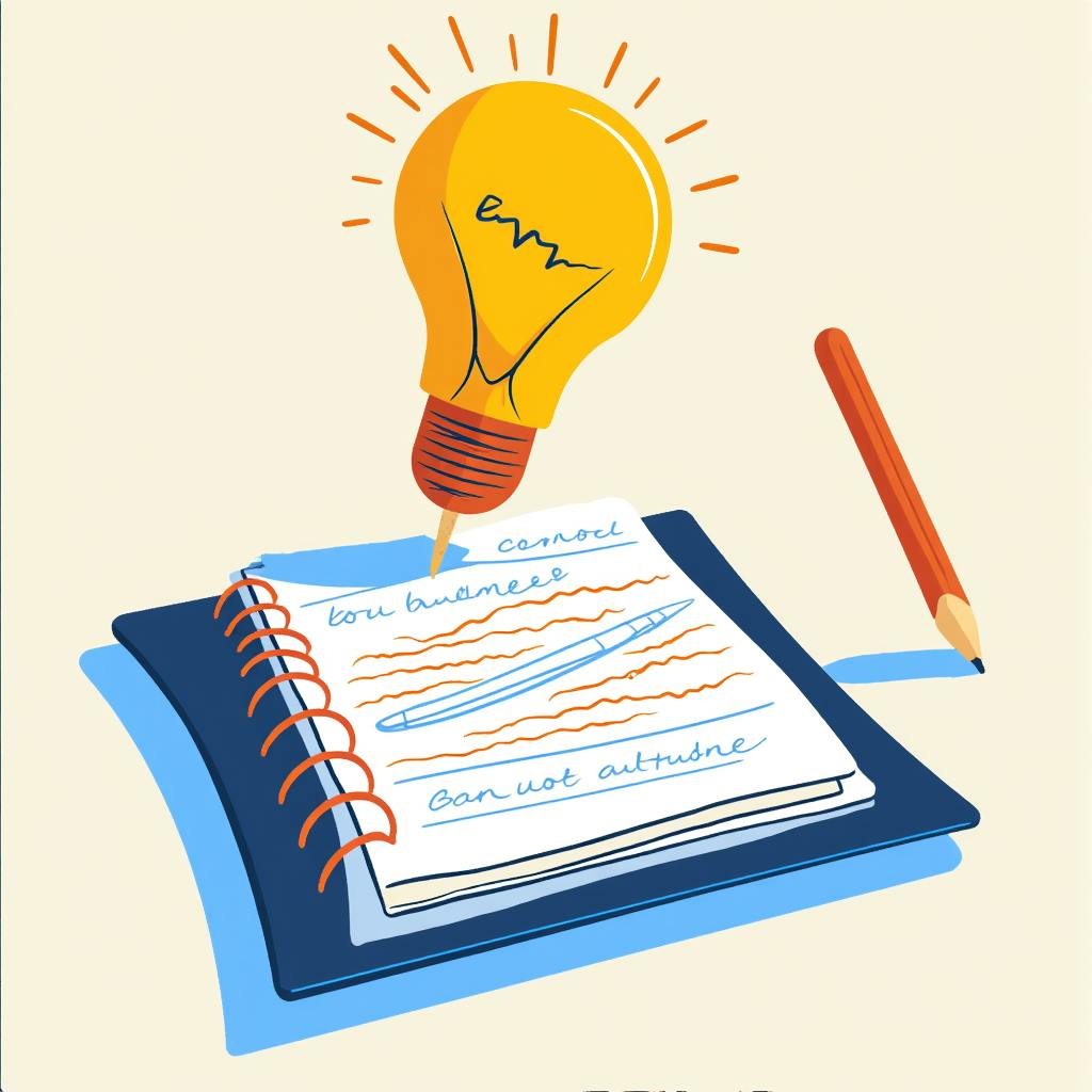 Illustrated spiral notebook with scribbled notes, pencil, and a glowing light bulb above—representing fresh ideas sparked by daily writing prompts