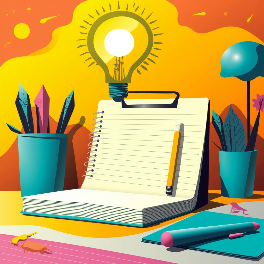 Colorful illustration of a desk with a lined notepad, pencils, flowers, and a light bulb overhead—evoking inspiration from daily writing prompts.
