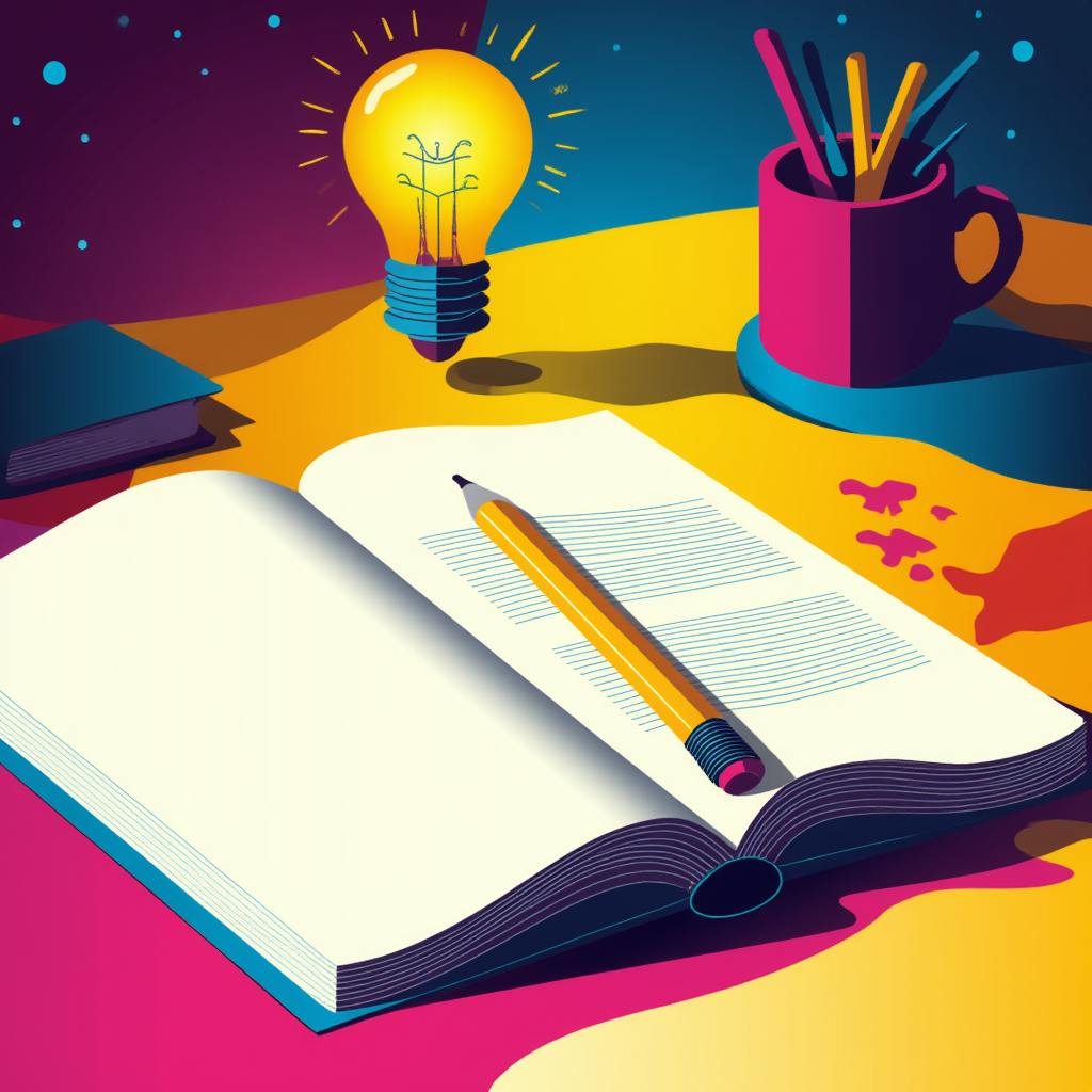 A vibrant, artistic desk scene with an open notebook, pencil, glowing light bulb, and mug of pens—symbolizing creativity inspired by daily writing prompts.