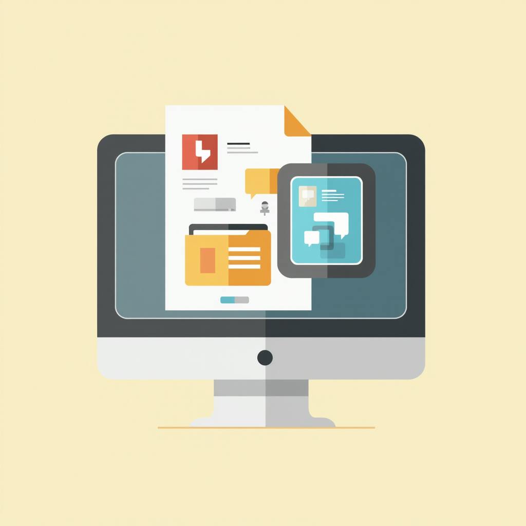 A desktop computer screen displaying stylized folders, documents, and communication bubbles, representing digital asset management for designers managing creative content.