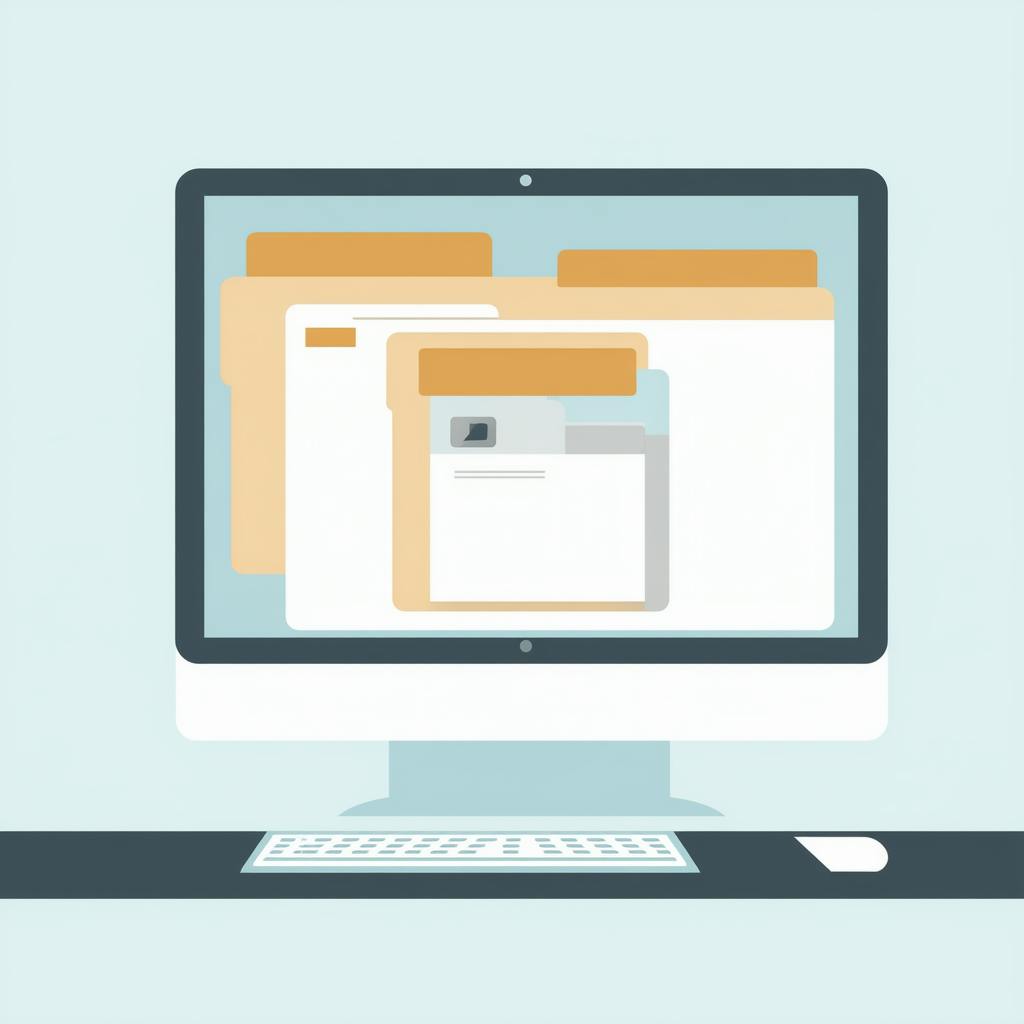 Flat illustration of a desktop monitor showcasing layered folders and documents, depicting organized digital asset management for designers working with large file sets.