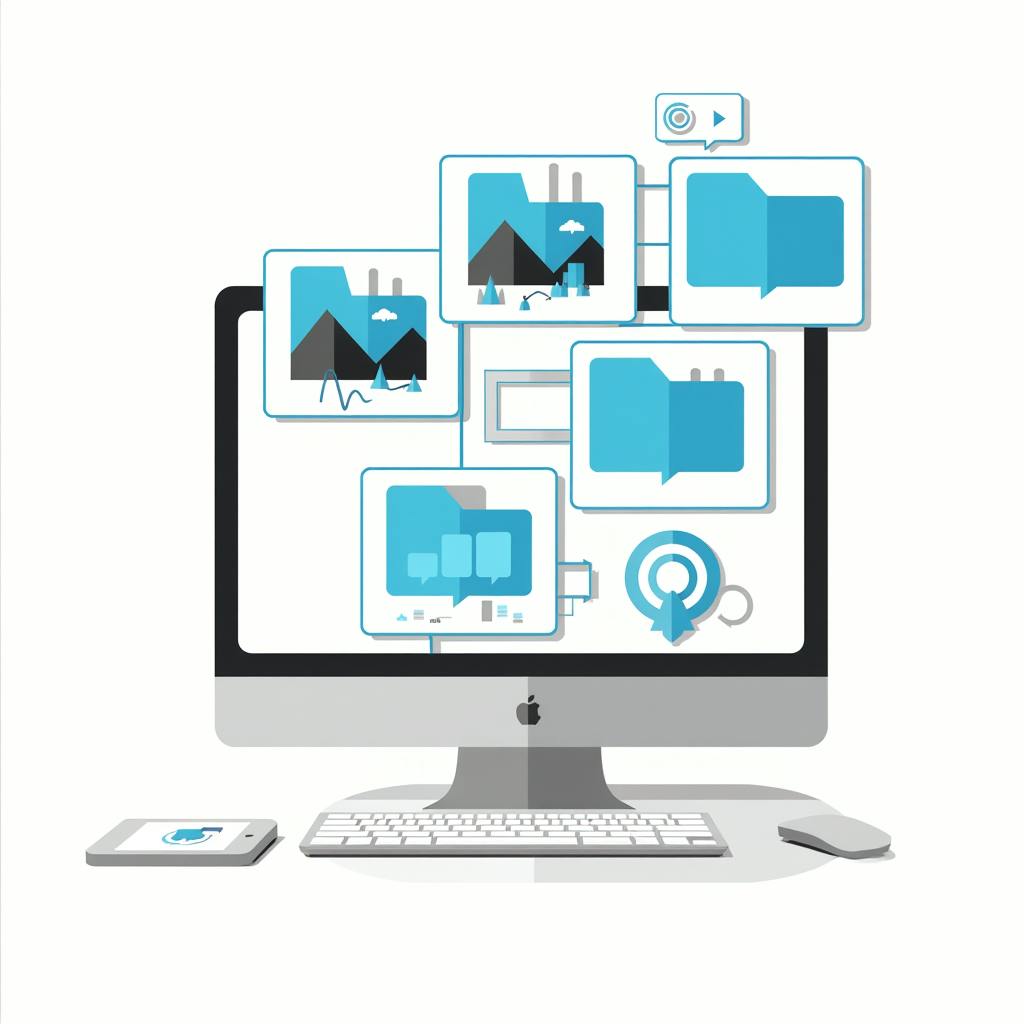 An iMac surrounded by floating digital icons including photos, folders, and chat bubbles, illustrating the workflow of digital asset management for designers.