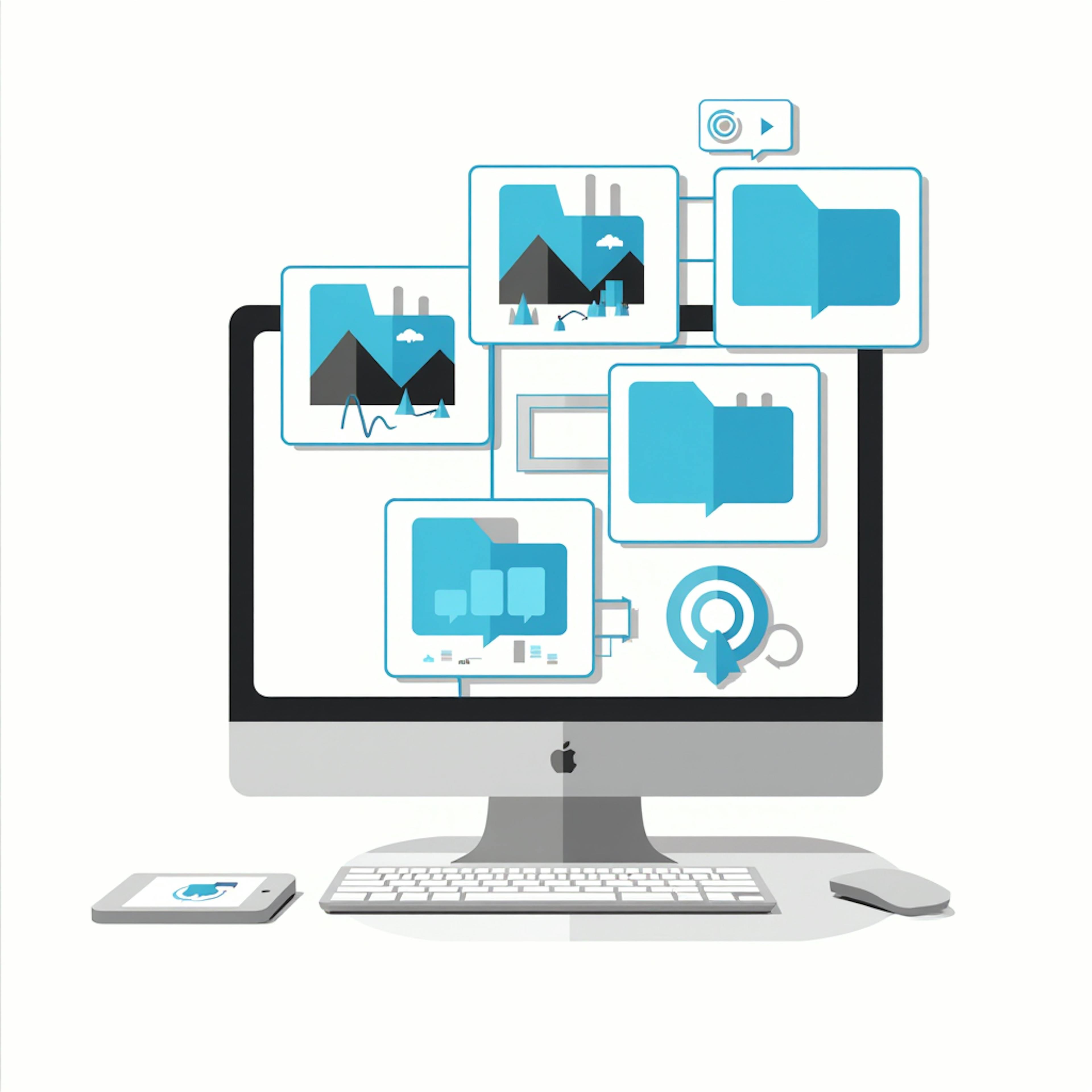 An iMac surrounded by floating digital icons including photos, folders, and chat bubbles, illustrating the workflow of digital asset management for designers.
