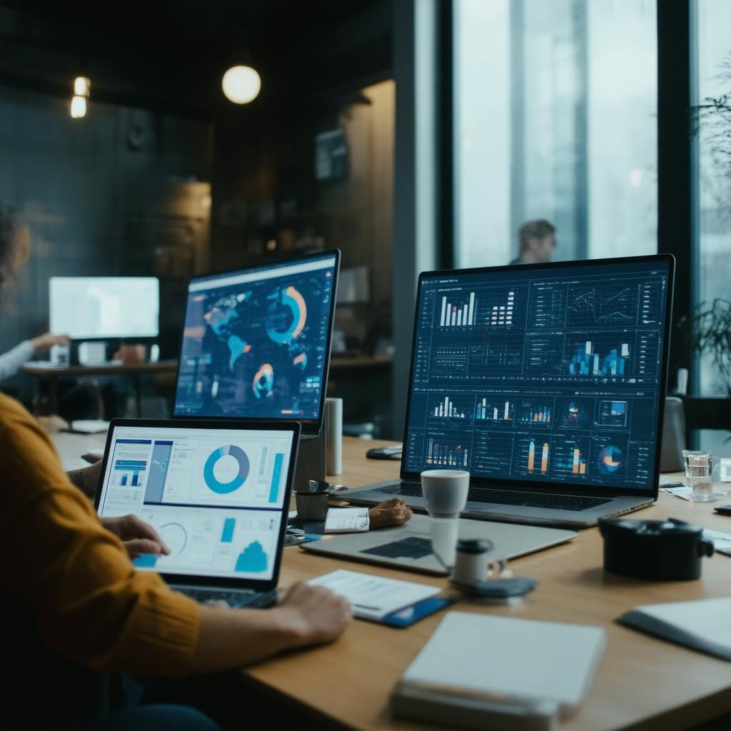 Modern workspace with multiple screens displaying analytics dashboards—illustrating data-driven planning as part of the best branding strategy for tech businesses.