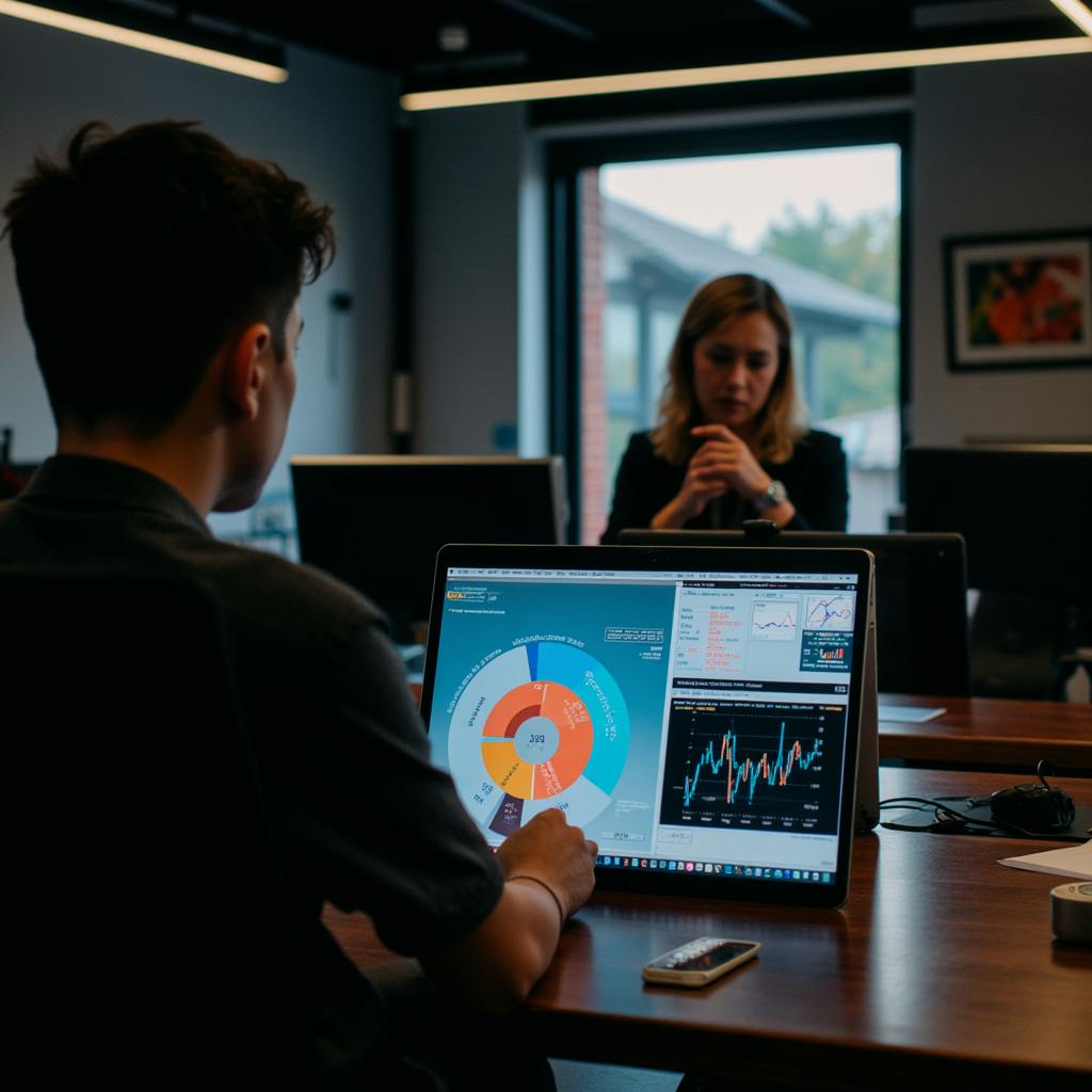 A team member presenting interactive business analytics on a laptop during a strategy session—highlighting the best branding strategy for tech businesses.