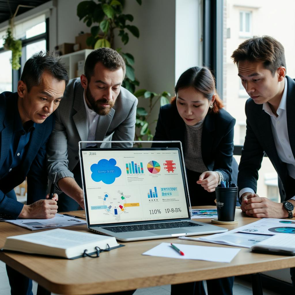A group of professionals reviewing charts on a laptop in a collaborative meeting—discussing the best branding strategy for tech businesses in a startup environment.