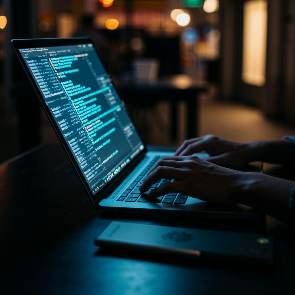 Hands coding or reviewing data on a laptop at night—symbolizing technical users integrating an AI writing assistant into their workflow for enhanced productivity.