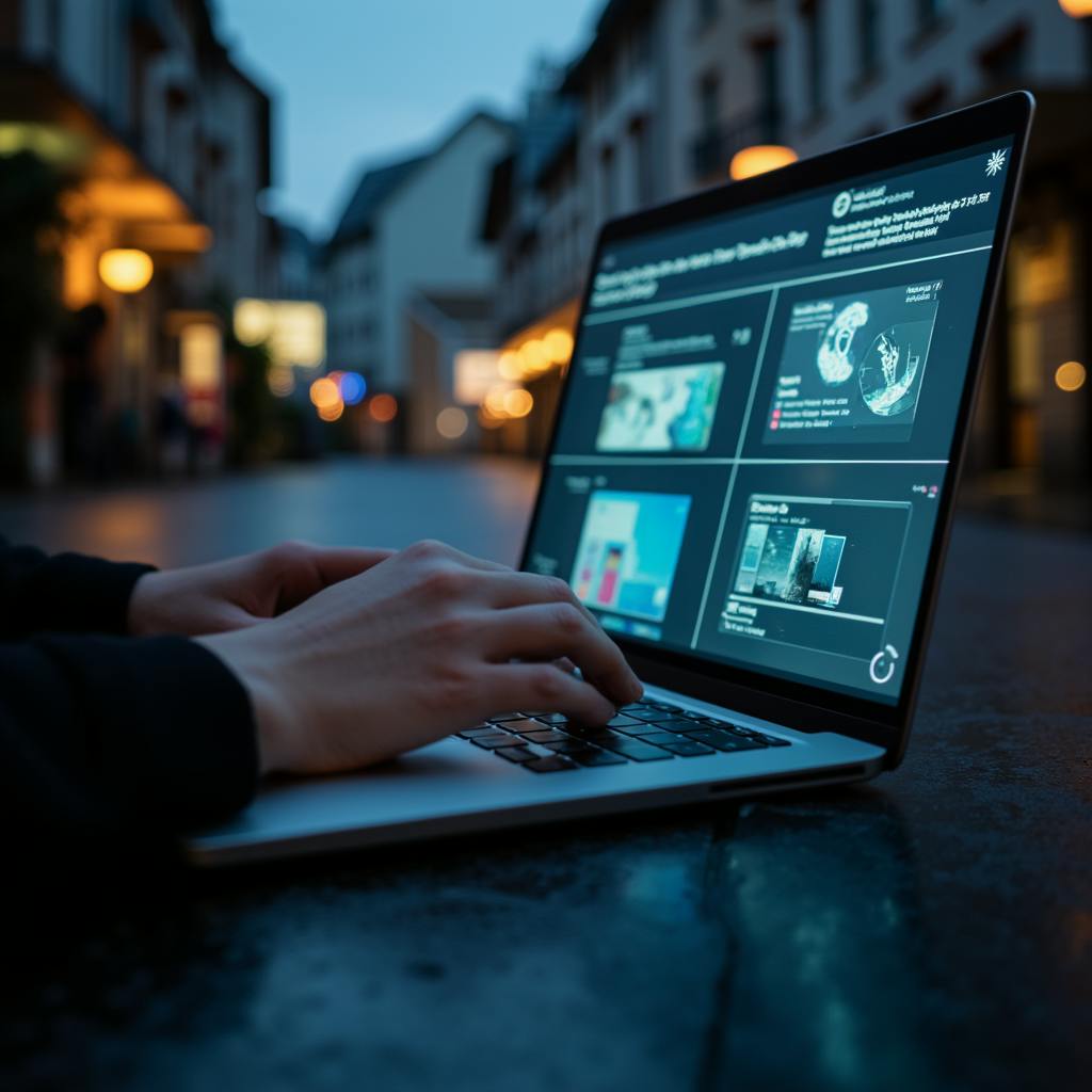 A person using a laptop outdoors in the evening, interacting with a modern interface—illustrating remote content creation powered by an AI writing assistant.