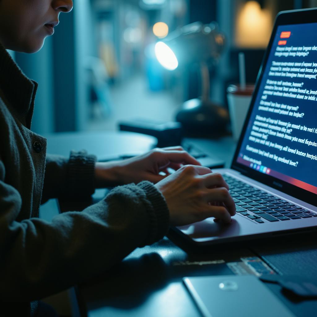 A focused individual typing on a laptop in a dim workspace, with AI-generated text on screen—showcasing the hands-on utility of an AI writing assistant.