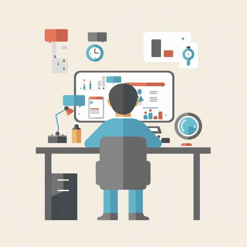 Flat-style illustration of a professional analyzing charts and metrics on a large screen, highlighting data-driven efficiency in design.